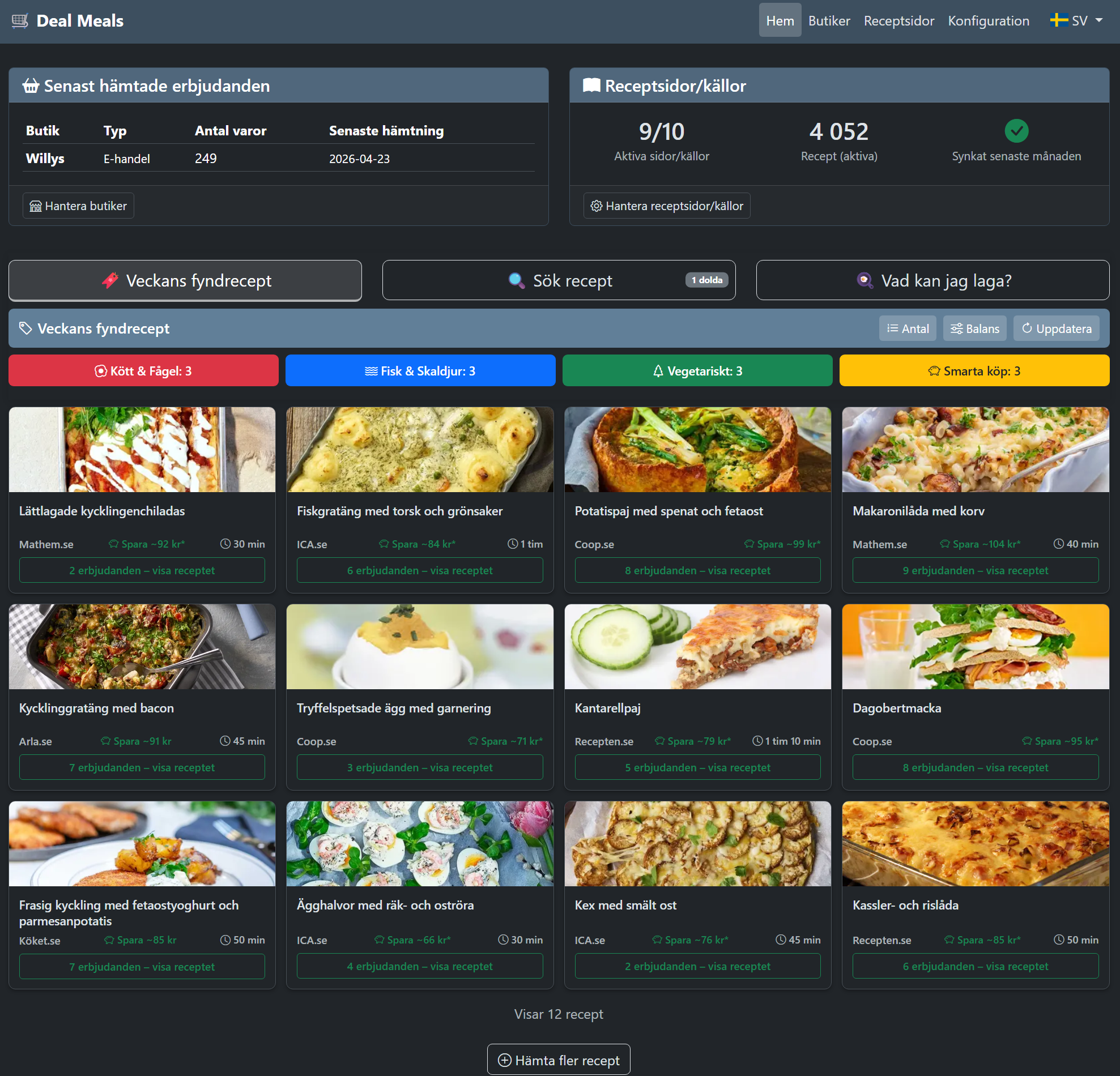 Deal Meals recipe list sorted by savings