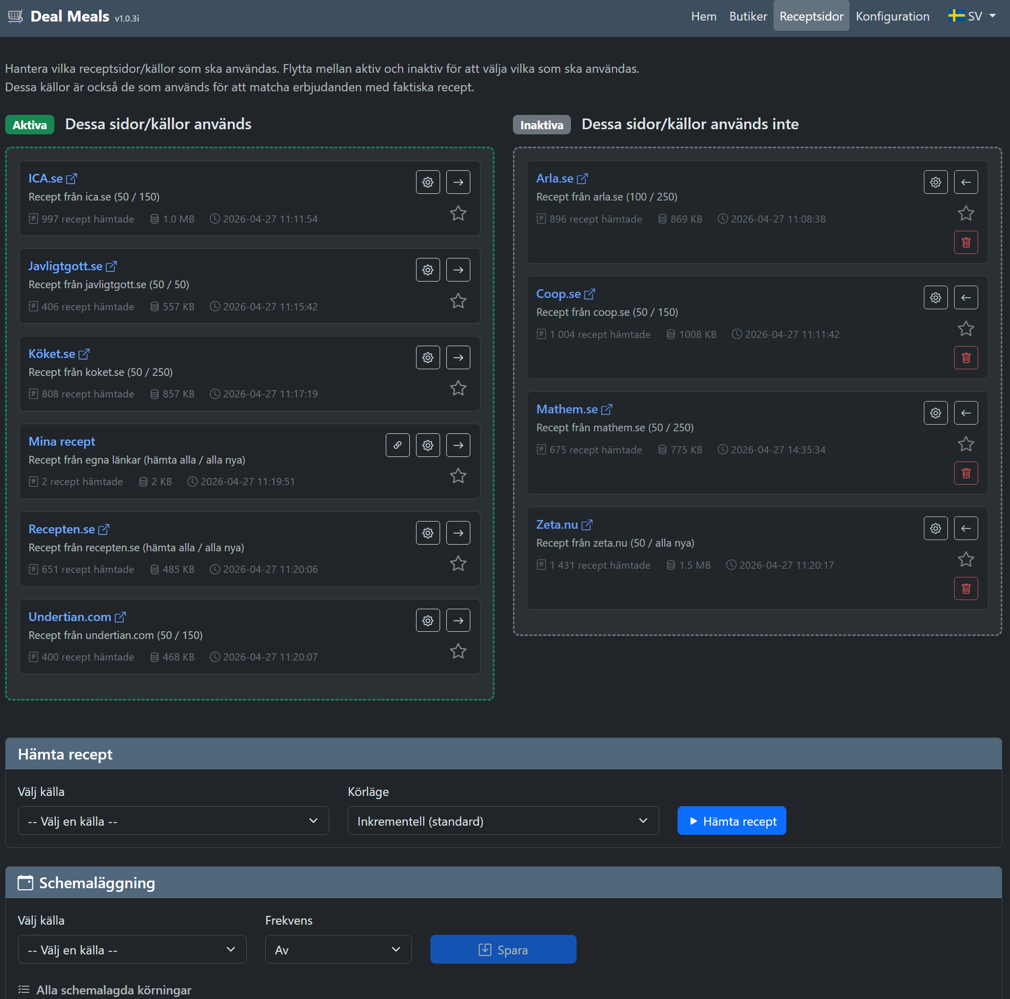 Deal Meals recipe source management screen