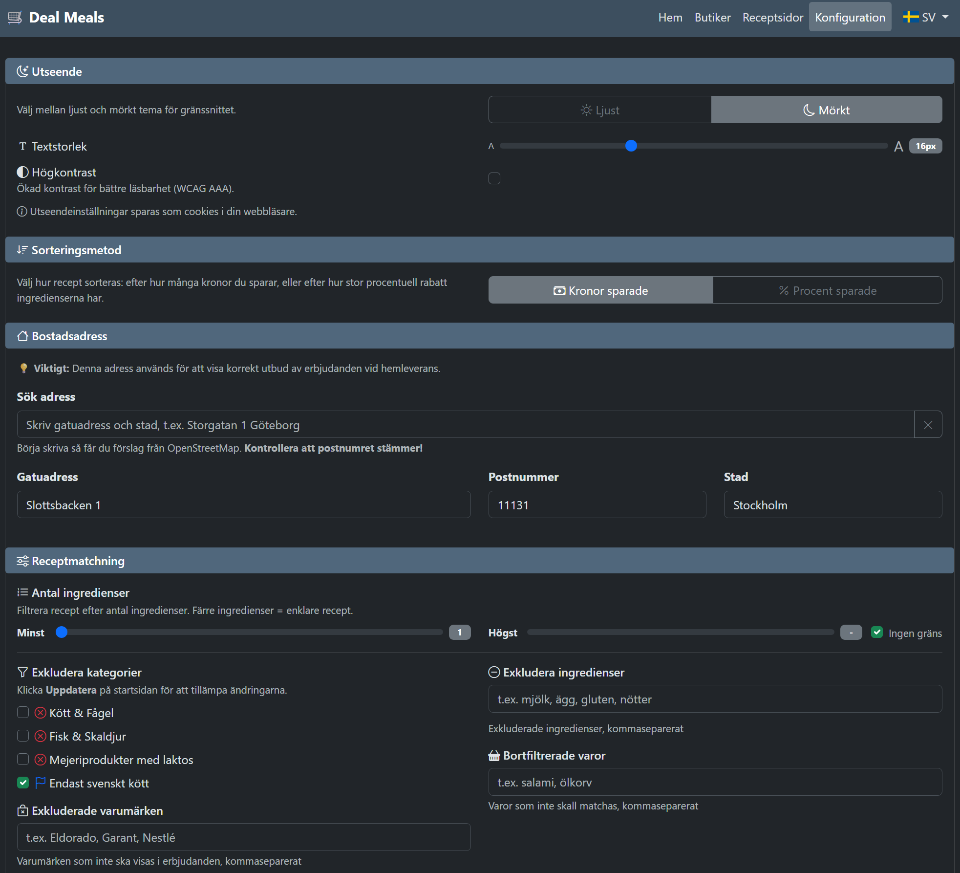 Deal Meals settings screen